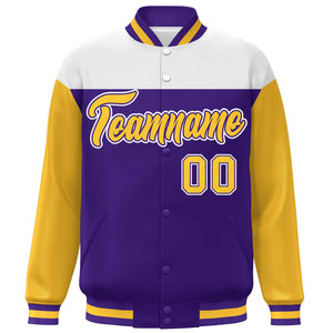 Custom White Purple-Gold Letterman Color Block Varsity Full-Snap Baseball Jacket