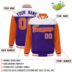 Custom White Purple-Orange Letterman Color Block Varsity Full-Snap Baseball Jacket