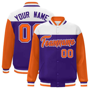 Custom White Purple-Orange Letterman Color Block Varsity Full-Snap Baseball Jacket