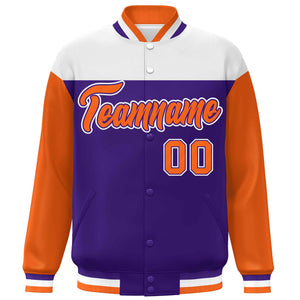 Custom White Purple-Orange Letterman Color Block Varsity Full-Snap Baseball Jacket