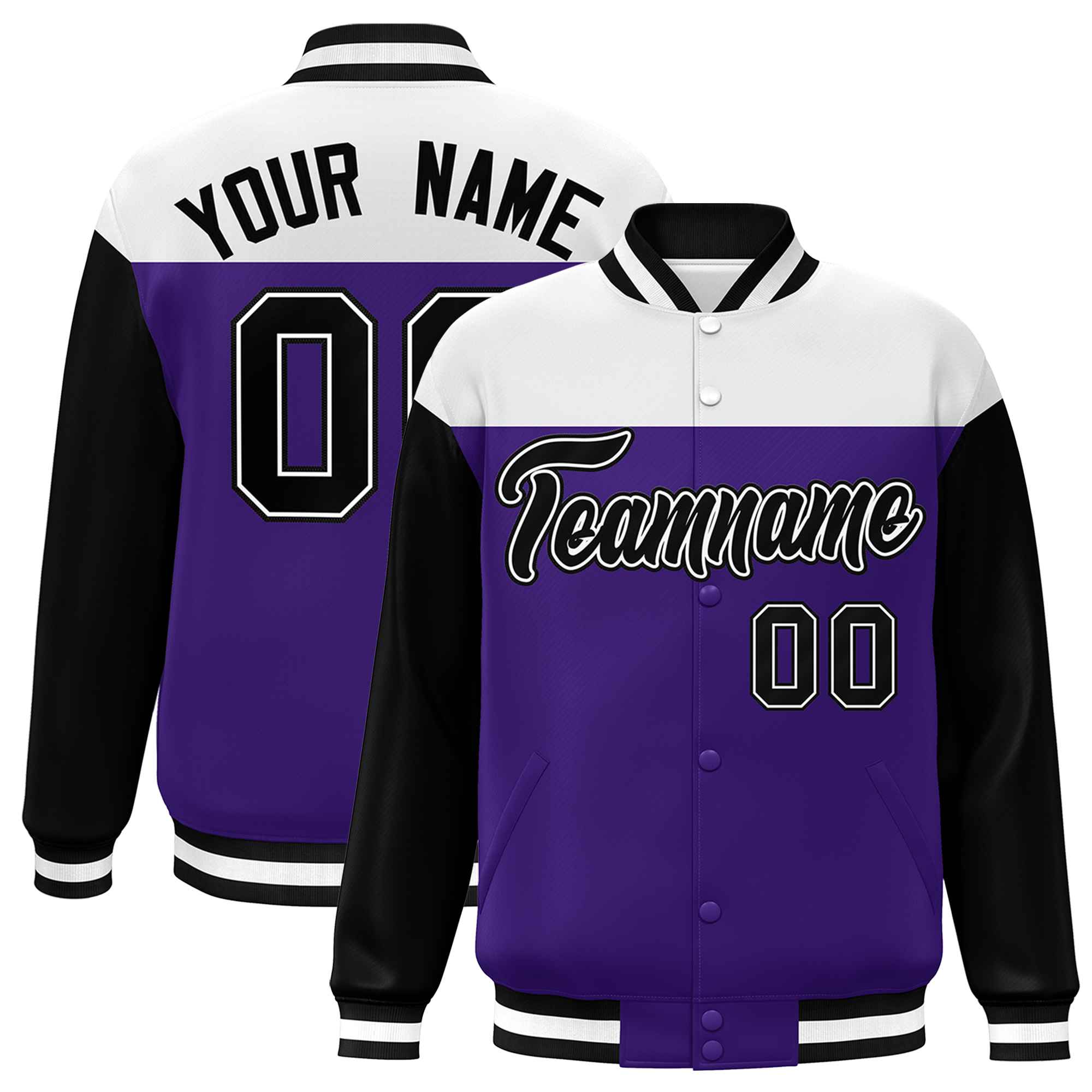 Custom White Purple-Black Letterman Color Block Varsity Full-Snap Baseball Jacket