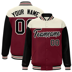 Custom Cream Crimson-Black Letterman Color Block Varsity Full-Snap Baseball Jacket