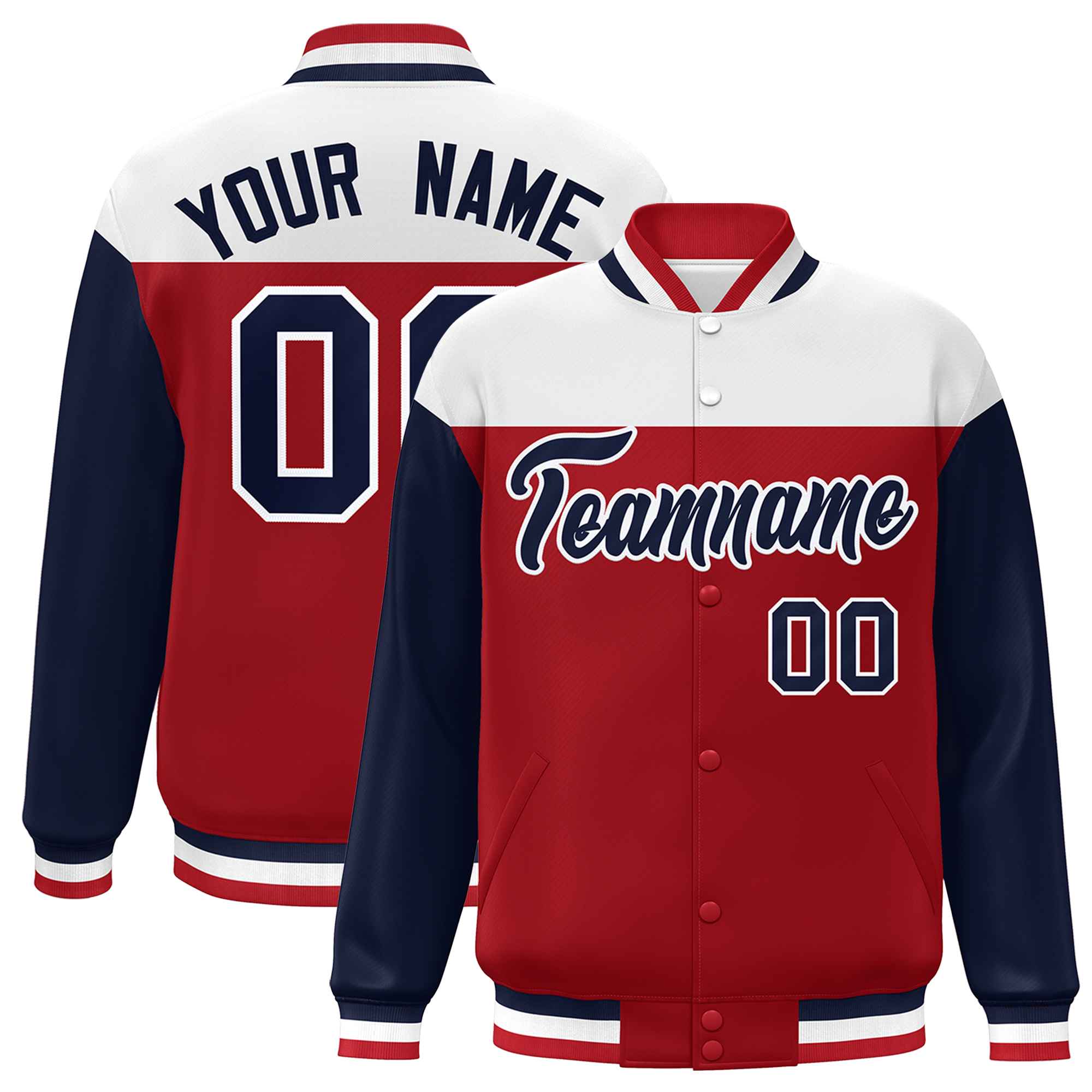 Custom White Red-Navy Letterman Color Block Varsity Full-Snap Baseball Jacket