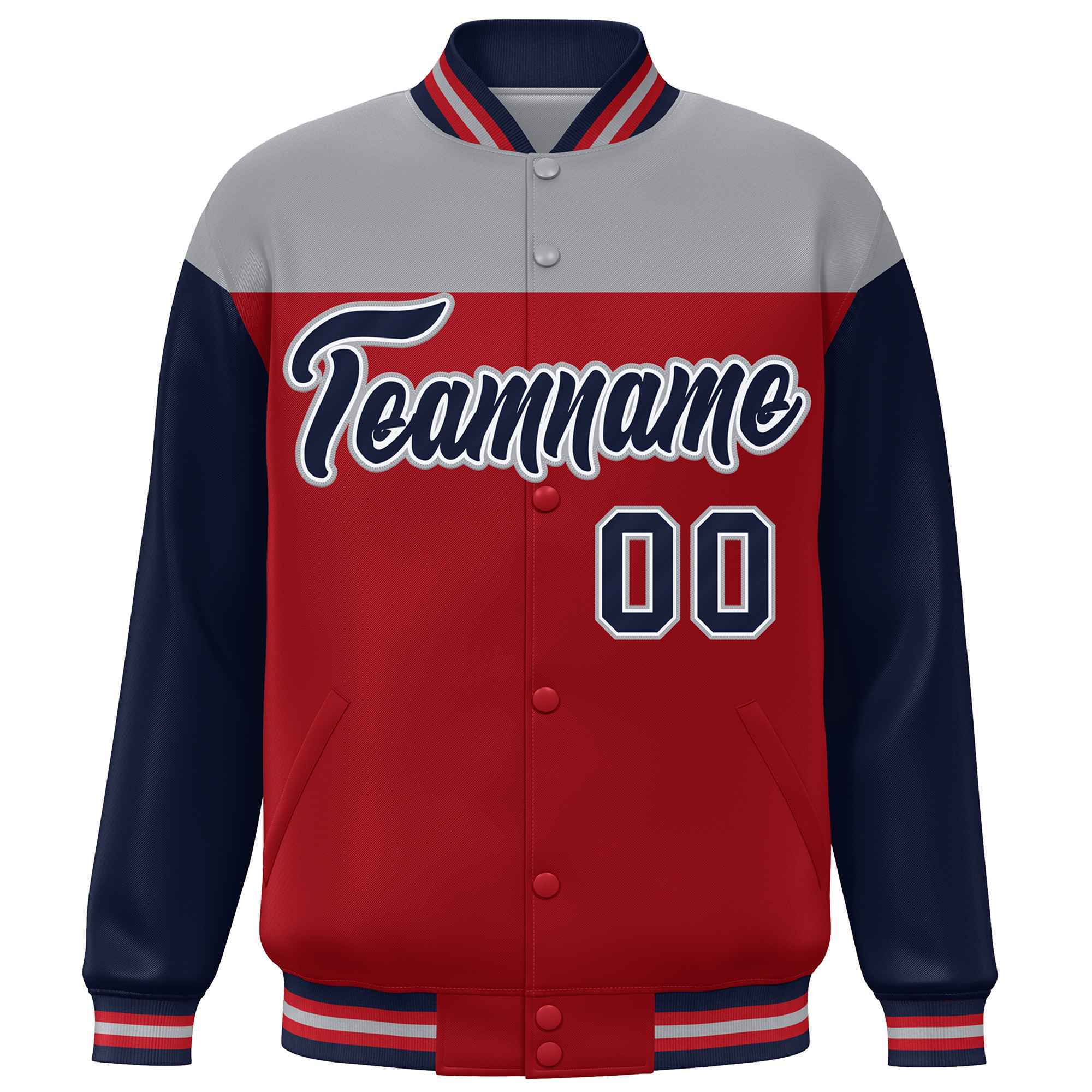 Custom Gray Red-Navy Letterman Color Block Varsity Full-Snap Baseball Jacket