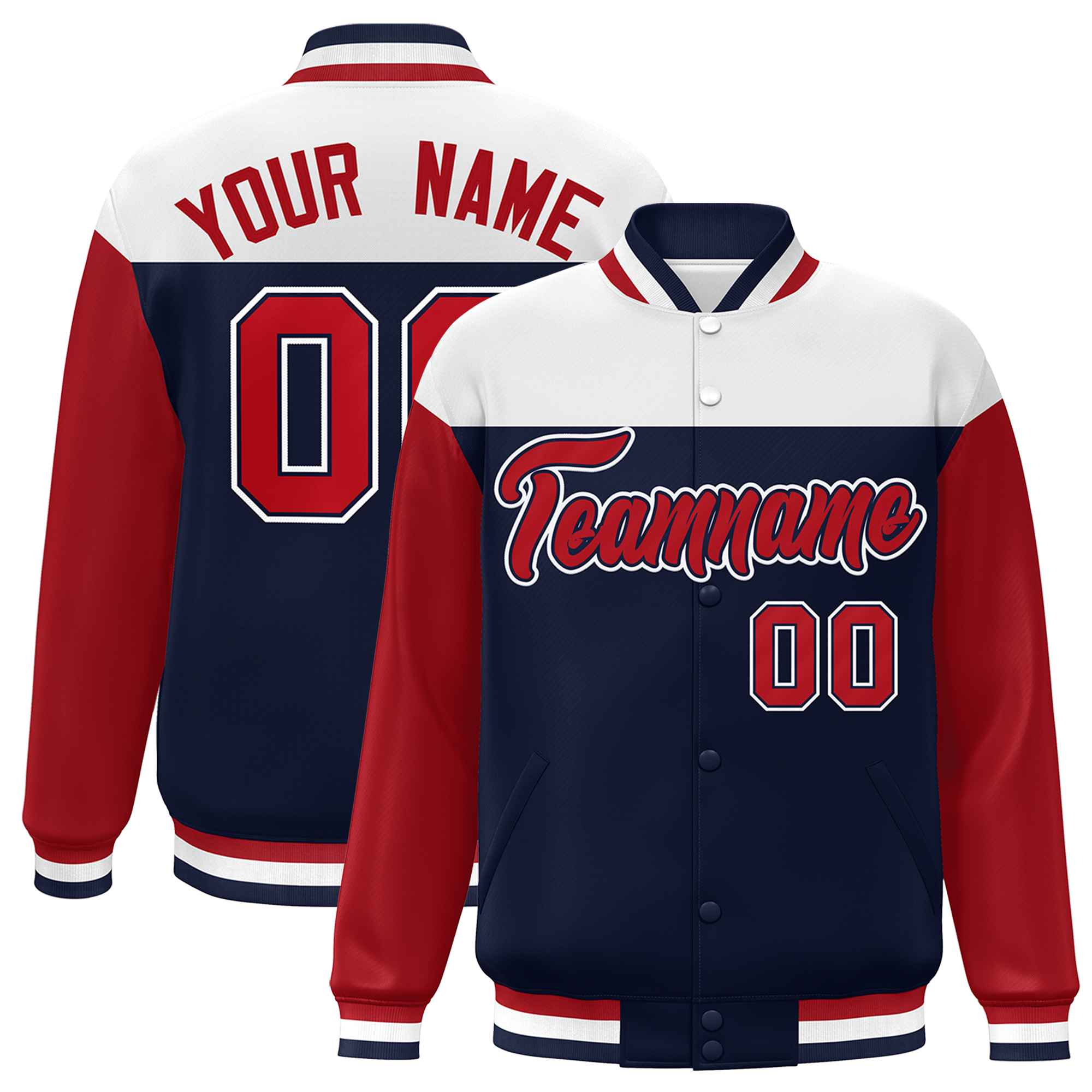 Custom White Navy-Red Letterman Color Block Varsity Full-Snap Baseball Jacket