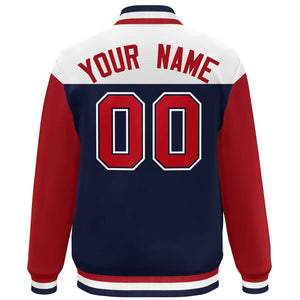 Custom White Navy-Red Letterman Color Block Varsity Full-Snap Baseball Jacket