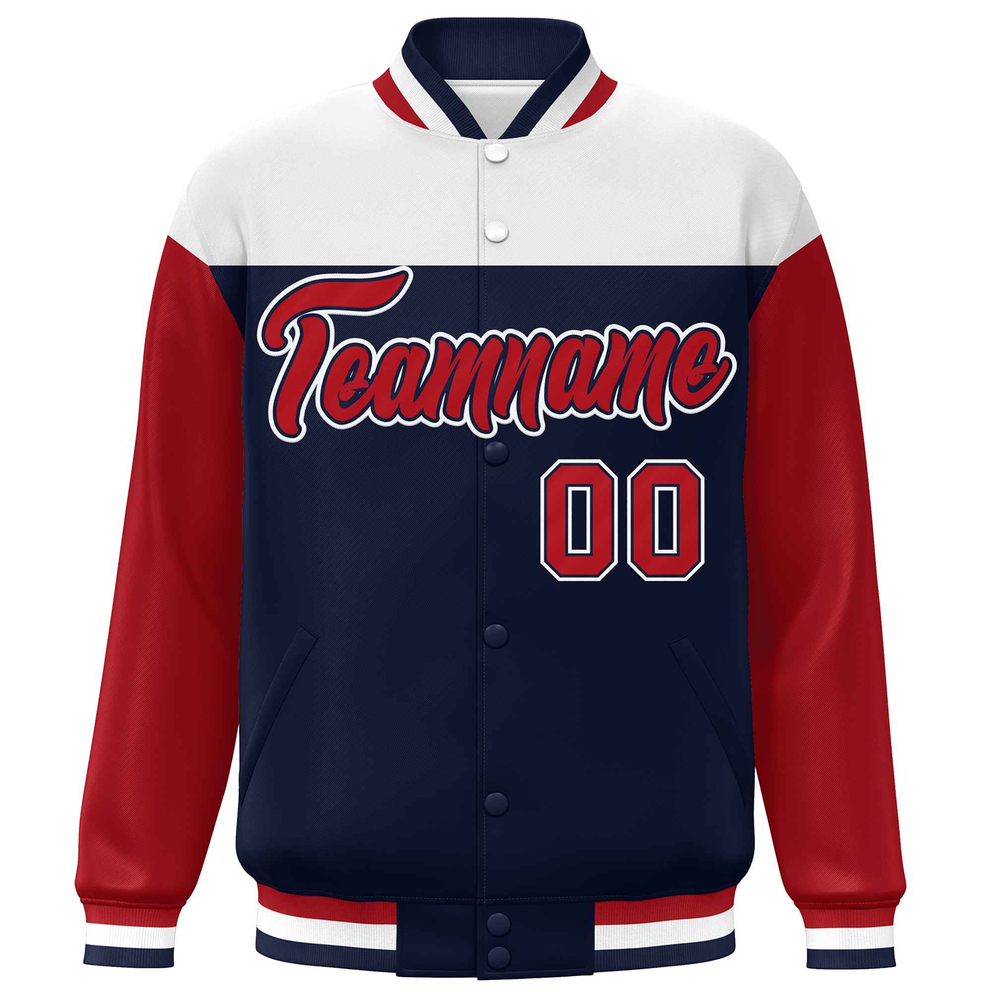 Custom White Navy-Red Letterman Color Block Varsity Full-Snap Baseball Jacket