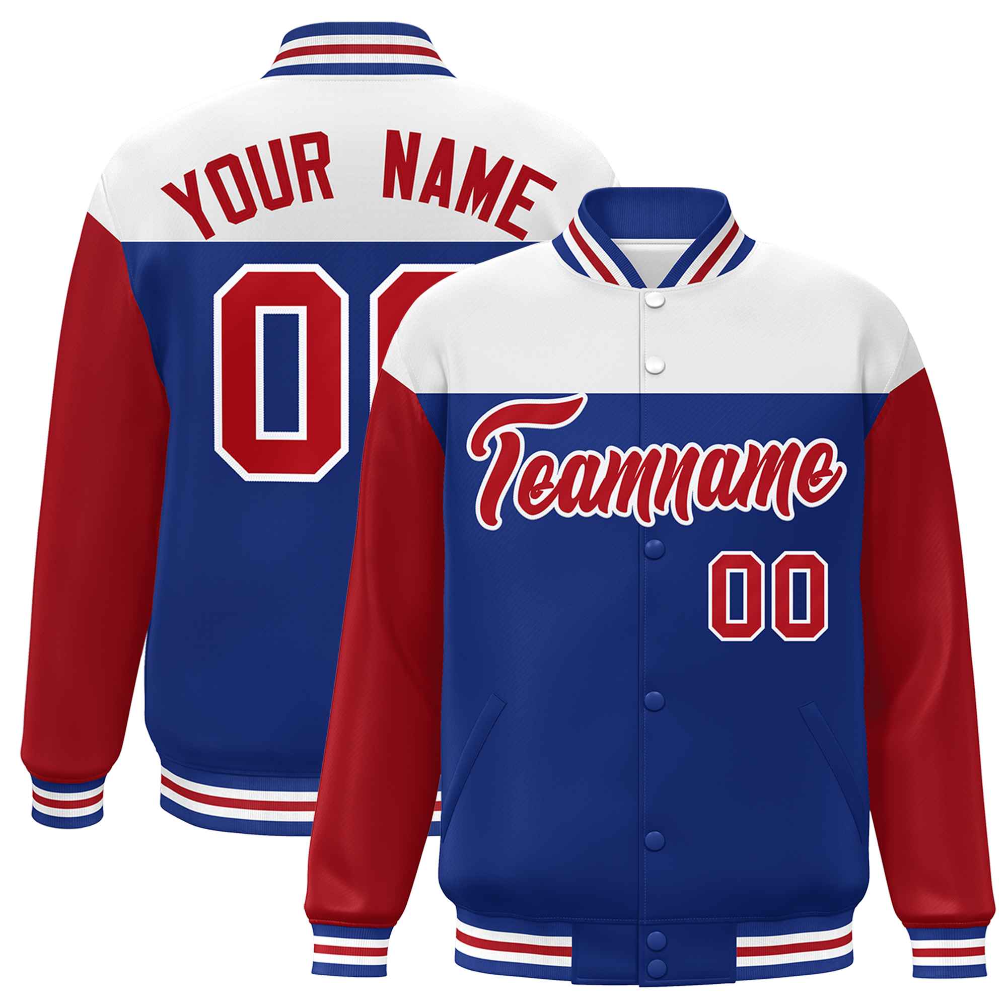 Custom White Royal-Red Letterman Color Block Varsity Full-Snap Baseball Jacket