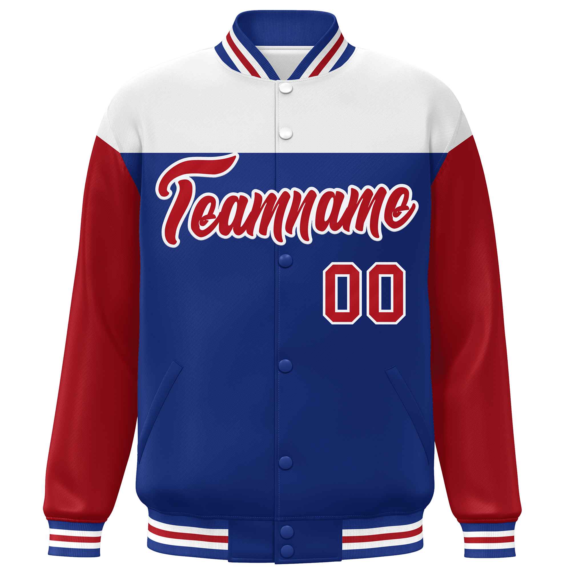 Custom White Royal-Red Letterman Color Block Varsity Full-Snap Baseball Jacket