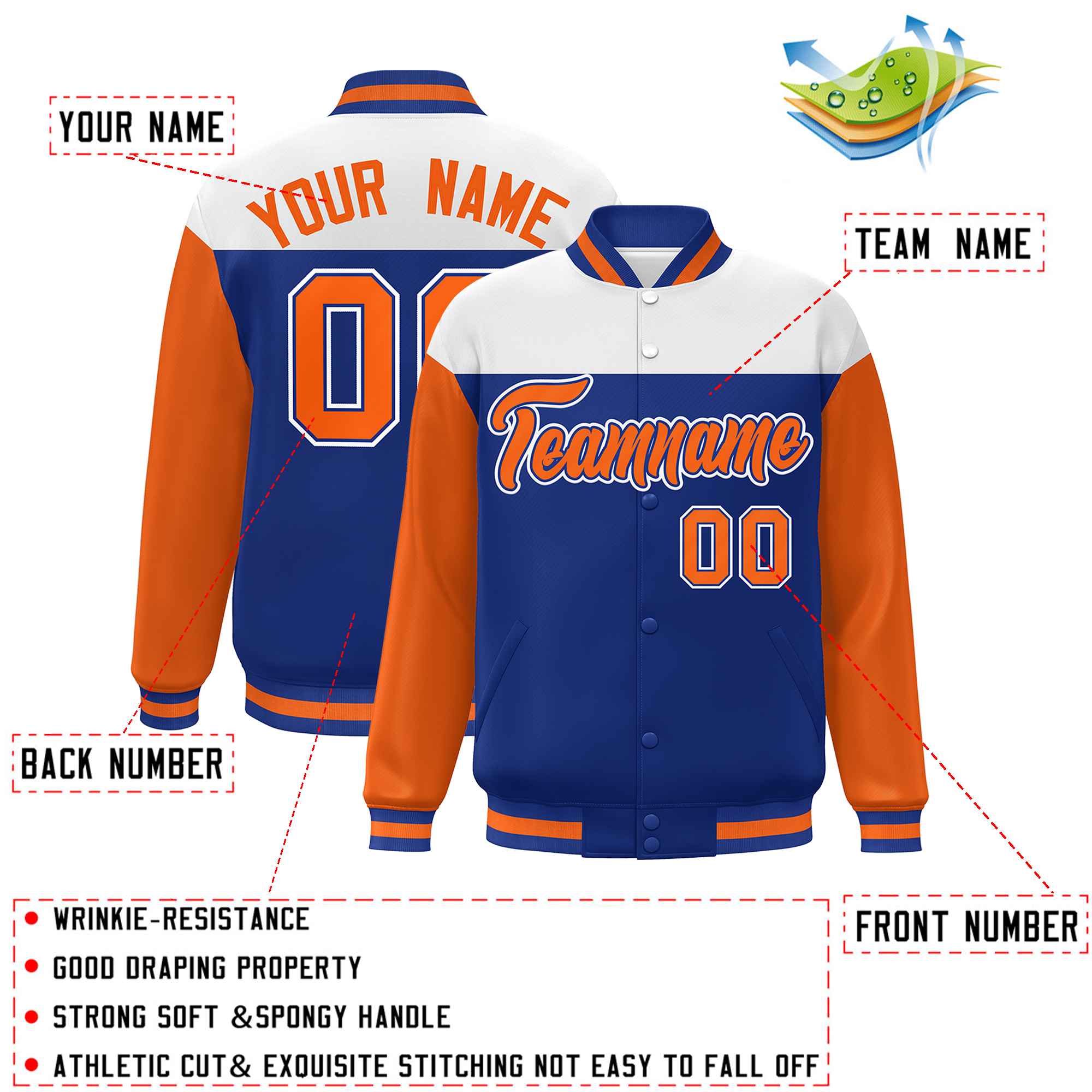 Custom White Royal-Orange Letterman Color Block Varsity Full-Snap Baseball Jacket