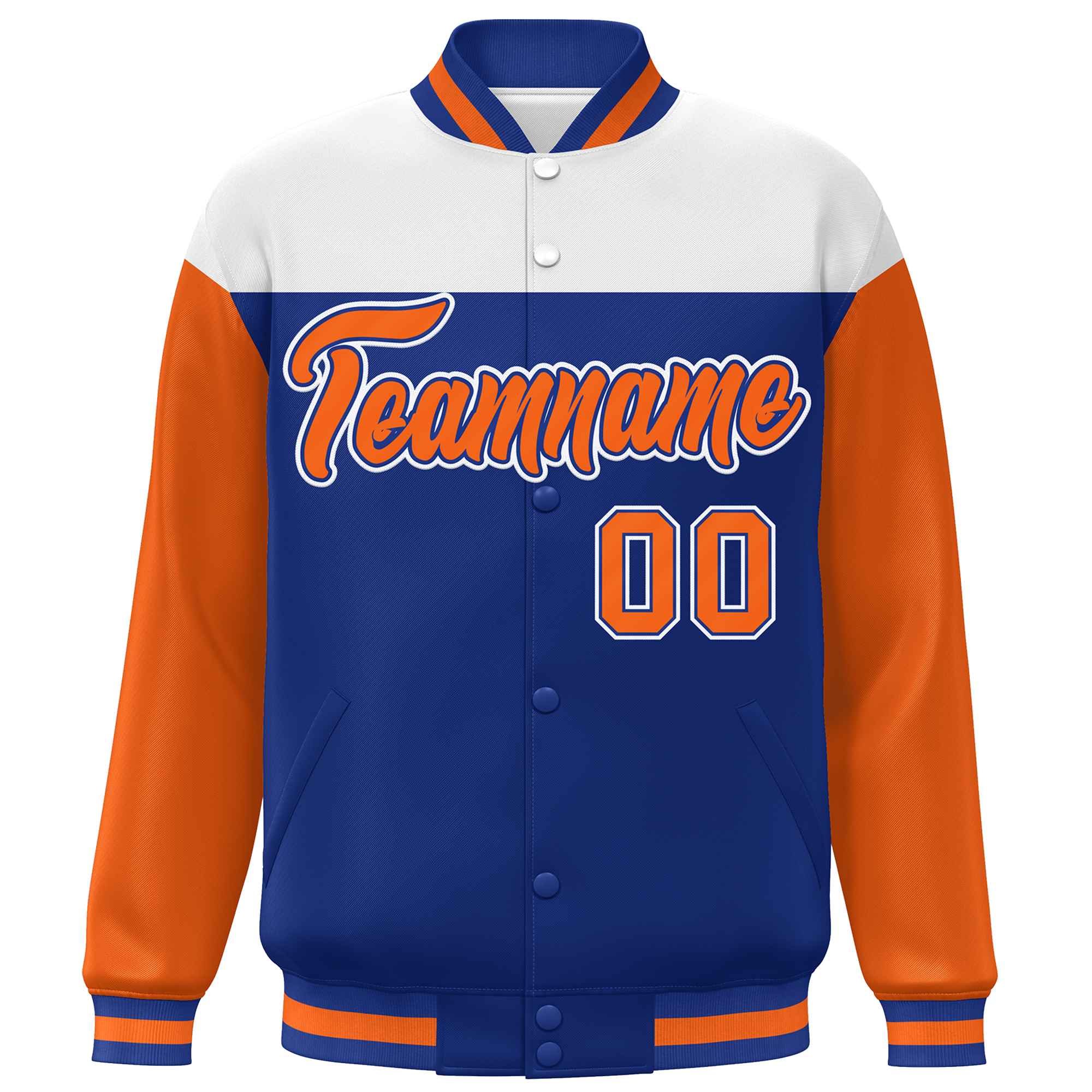 Custom White Royal-Orange Letterman Color Block Varsity Full-Snap Baseball Jacket