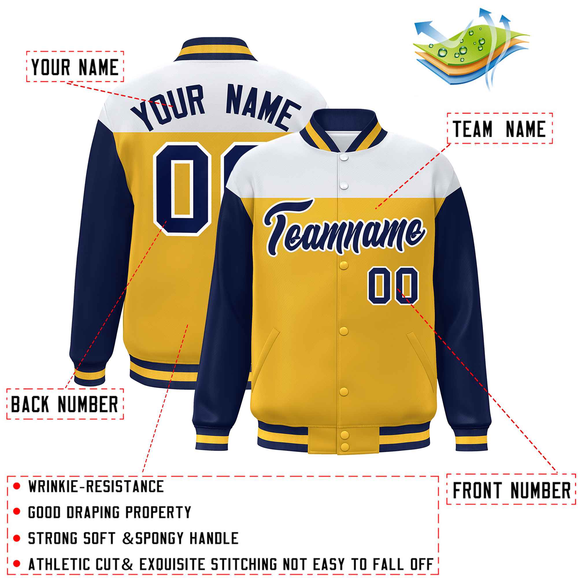 Custom White Gold-Navy Letterman Color Block Varsity Full-Snap Baseball Jacket