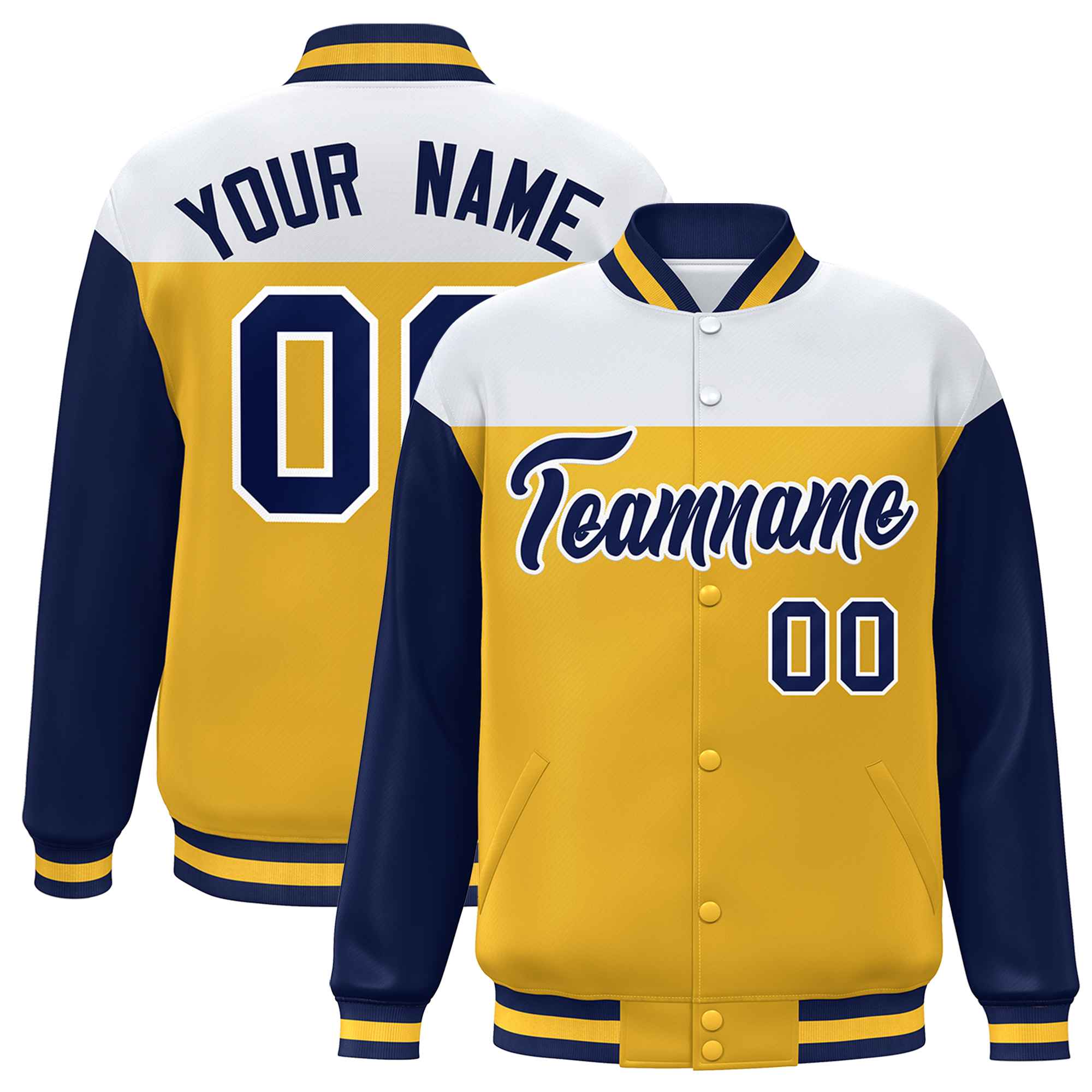 Custom White Gold-Navy Letterman Color Block Varsity Full-Snap Baseball Jacket