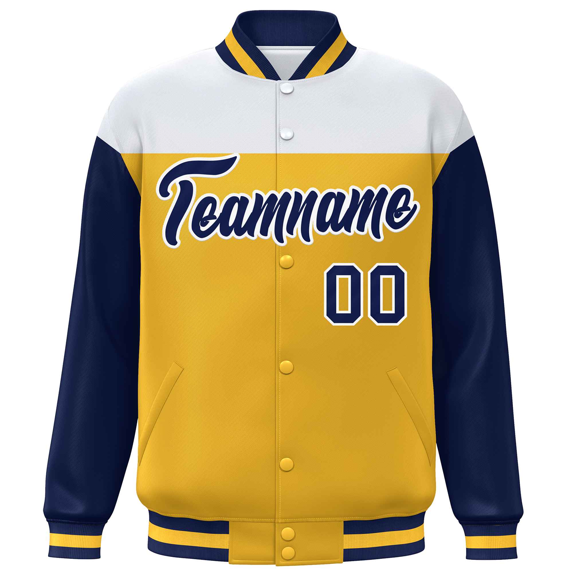 Custom White Gold-Navy Letterman Color Block Varsity Full-Snap Baseball Jacket