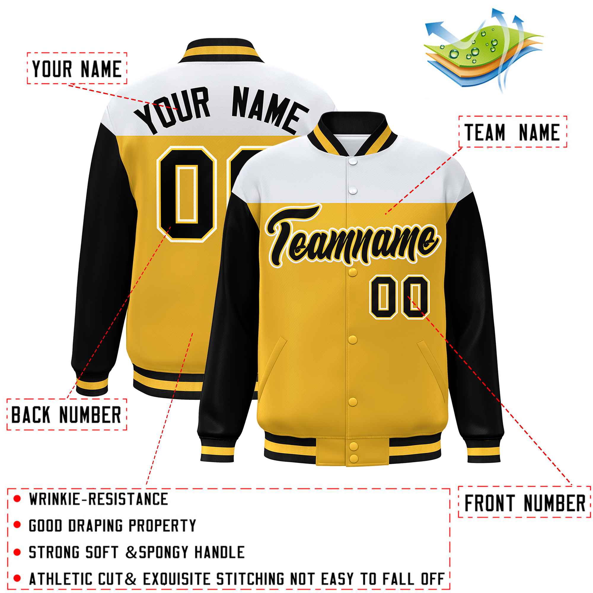 Custom White Gold-Black Letterman Color Block Varsity Full-Snap Baseball Jacket