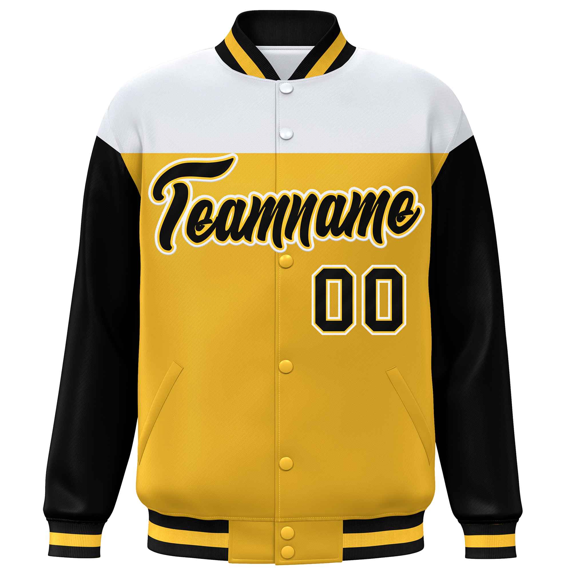 Custom White Gold-Black Letterman Color Block Varsity Full-Snap Baseball Jacket