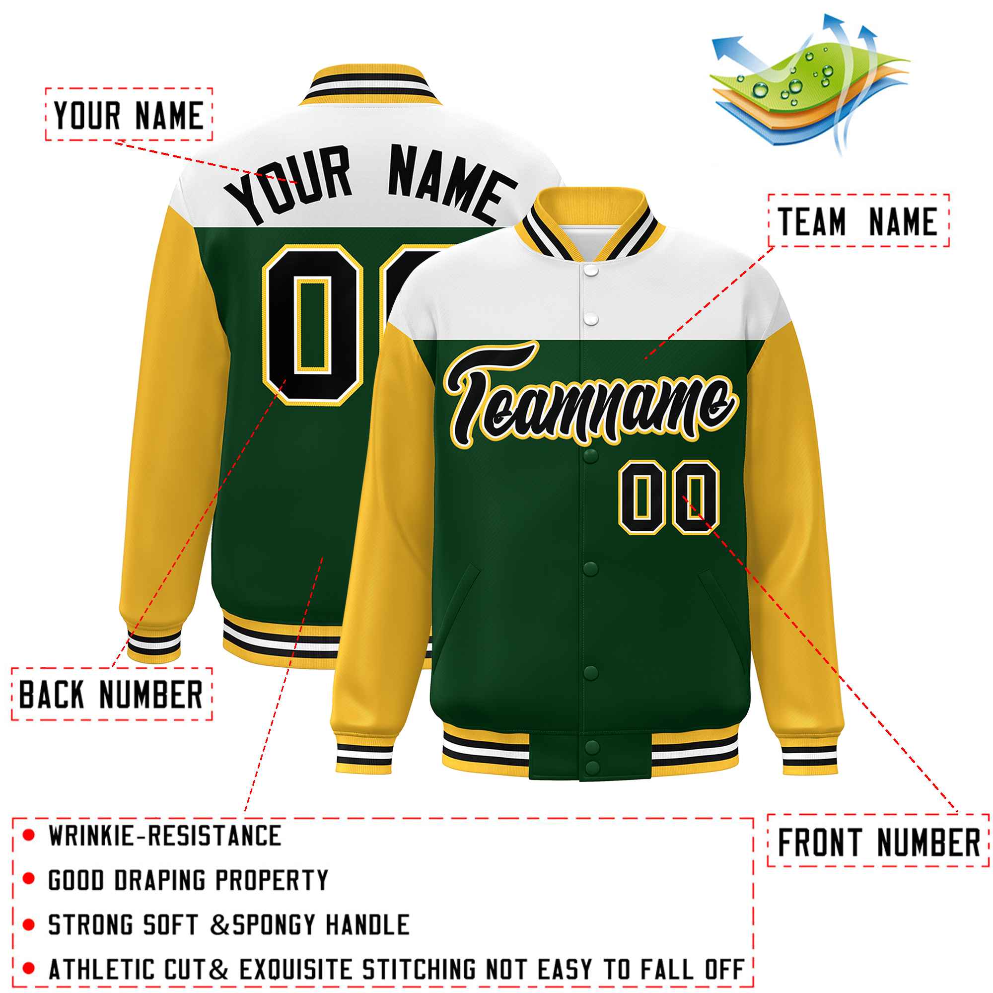 Custom White Green-Gold Letterman Color Block Varsity Full-Snap Baseball Jacket