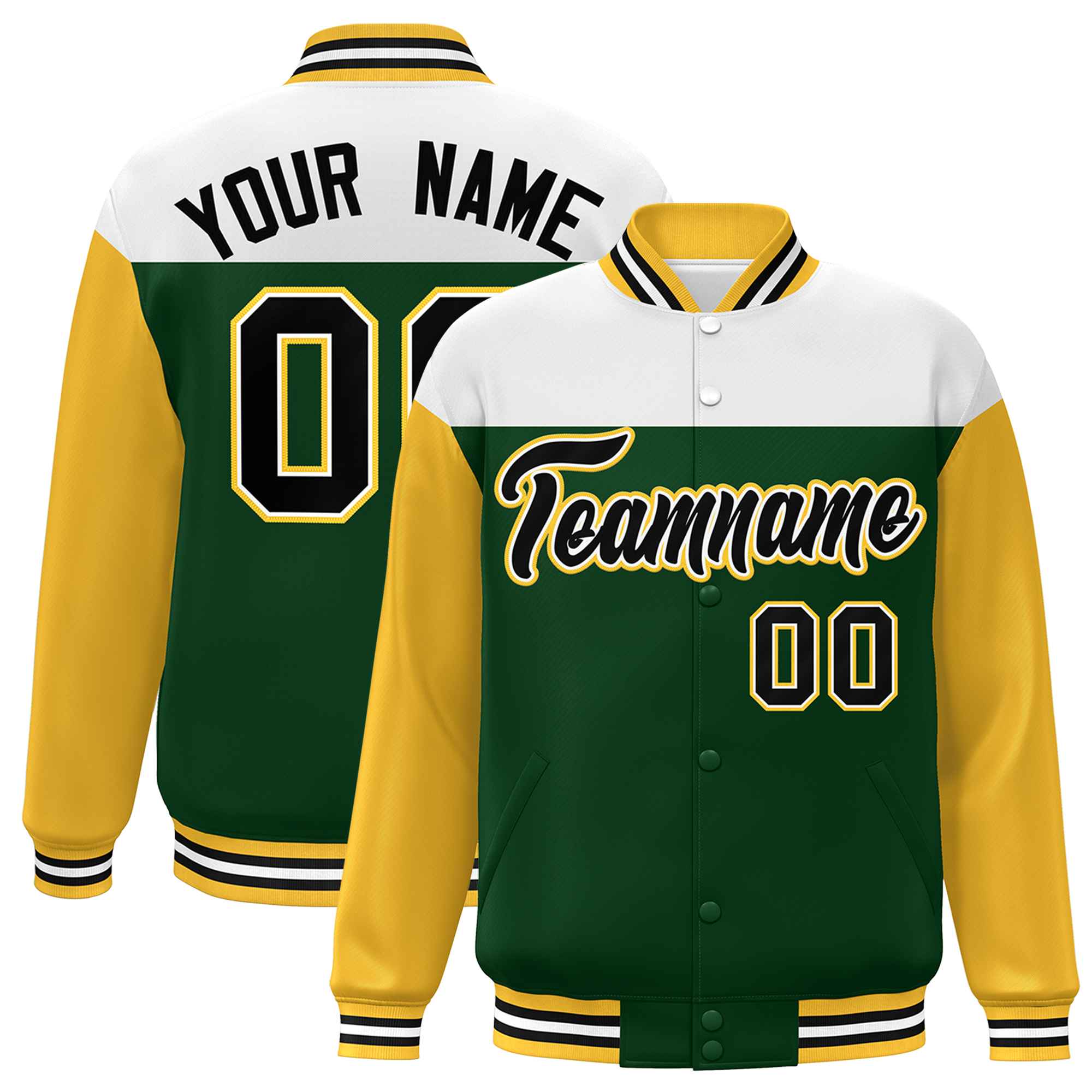 Custom White Green-Gold Letterman Color Block Varsity Full-Snap Baseball Jacket