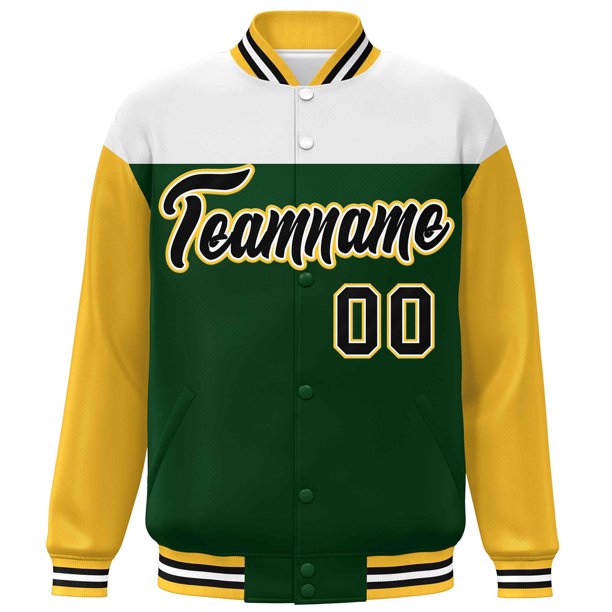 Custom White Green-Gold Letterman Color Block Varsity Full-Snap Baseball Jacket