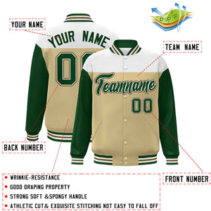 Custom White Khaki-Green Letterman Color Block Varsity Full-Snap Baseball Jacket