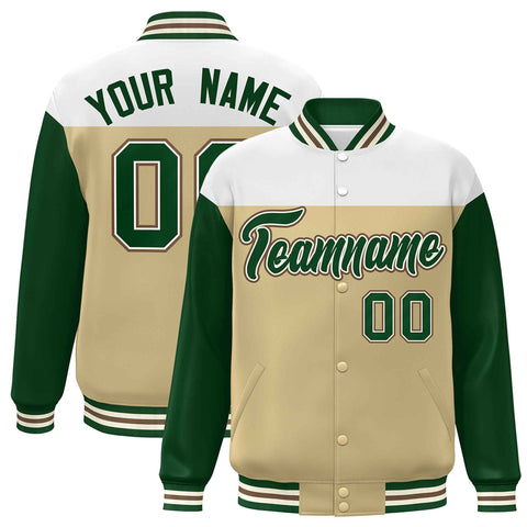 Custom White Khaki-Green Letterman Color Block Varsity Full-Snap Baseball Jacket