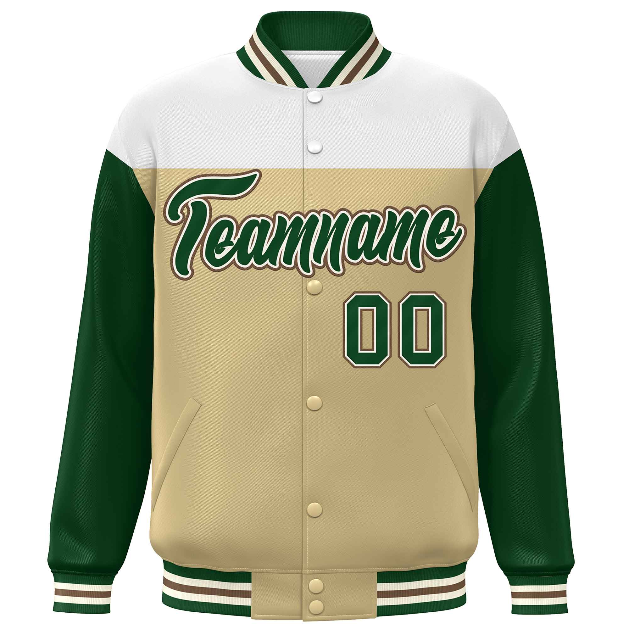 Custom White Khaki-Green Letterman Color Block Varsity Full-Snap Baseball Jacket