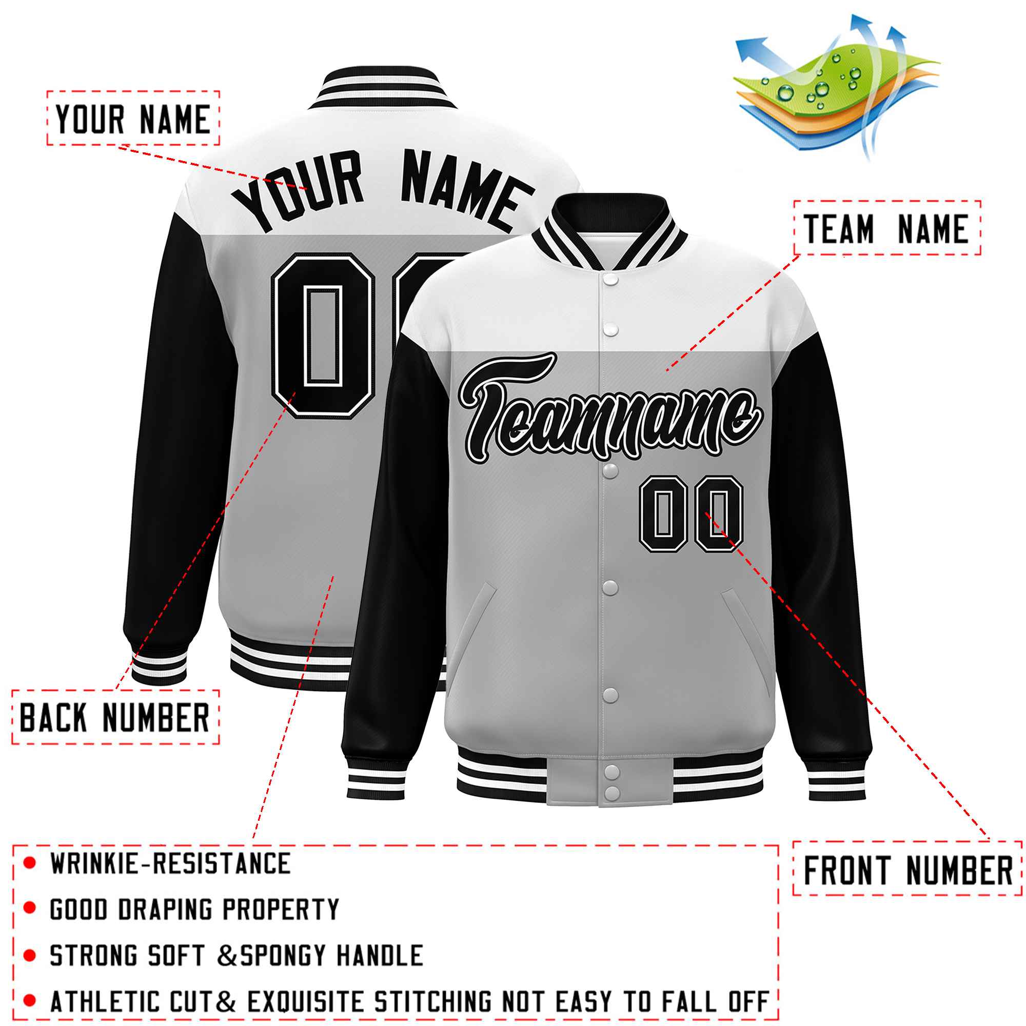 Custom White Gray-Black Letterman Color Block Varsity Full-Snap Baseball Jacket