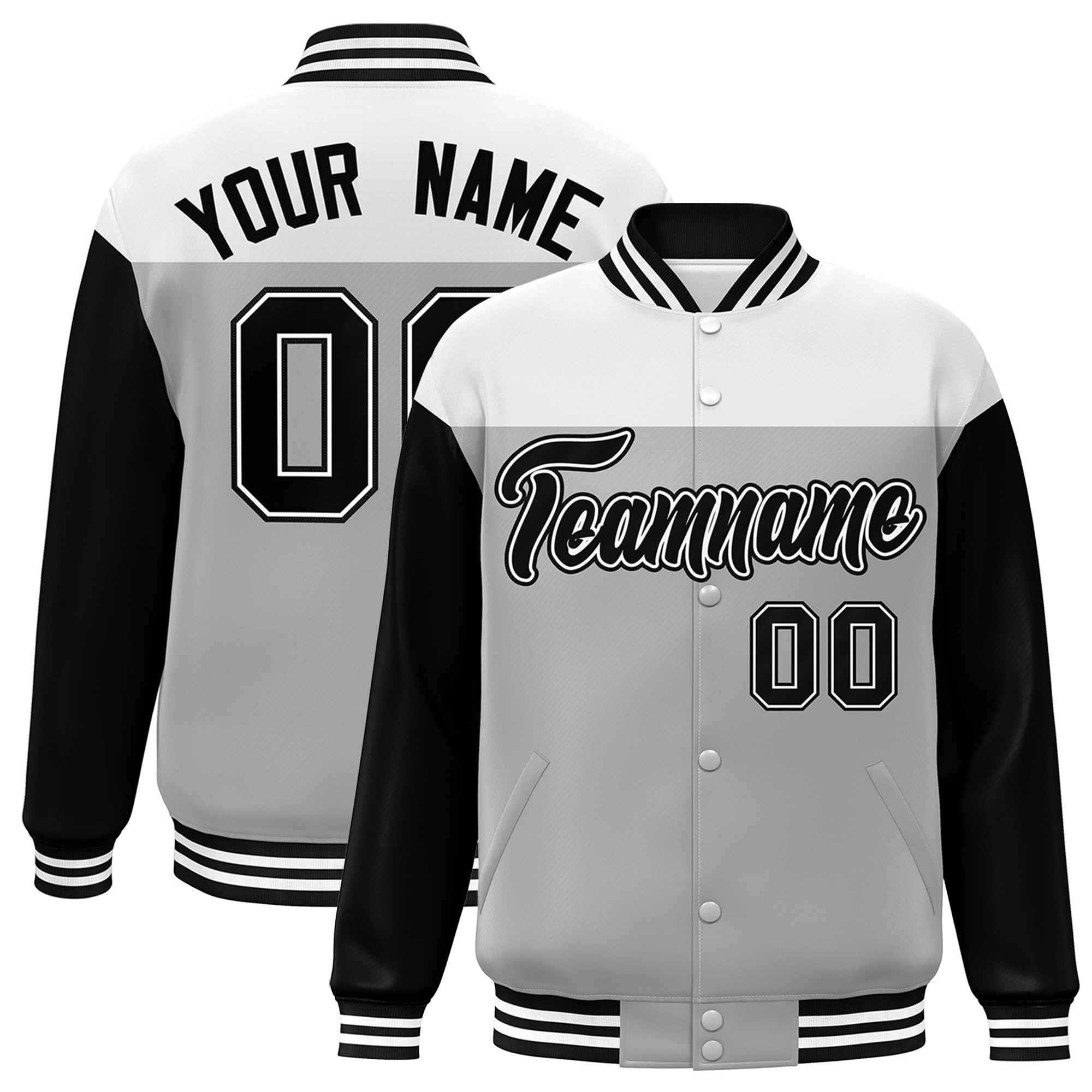 Custom White Gray-Black Letterman Color Block Varsity Full-Snap Baseball Jacket