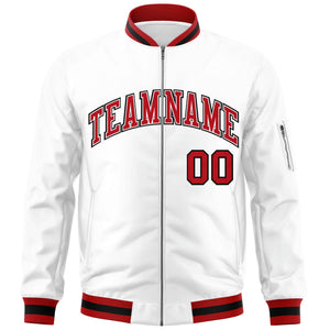 Custom White Red-Black Varsity Full-Zip Letterman Bomber Jacket