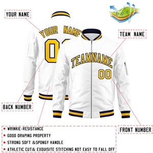 Custom White Yellow-Navy Varsity Full-Zip Letterman Bomber Jacket