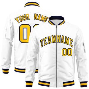 Custom White Yellow-Navy Varsity Full-Zip Letterman Bomber Jacket