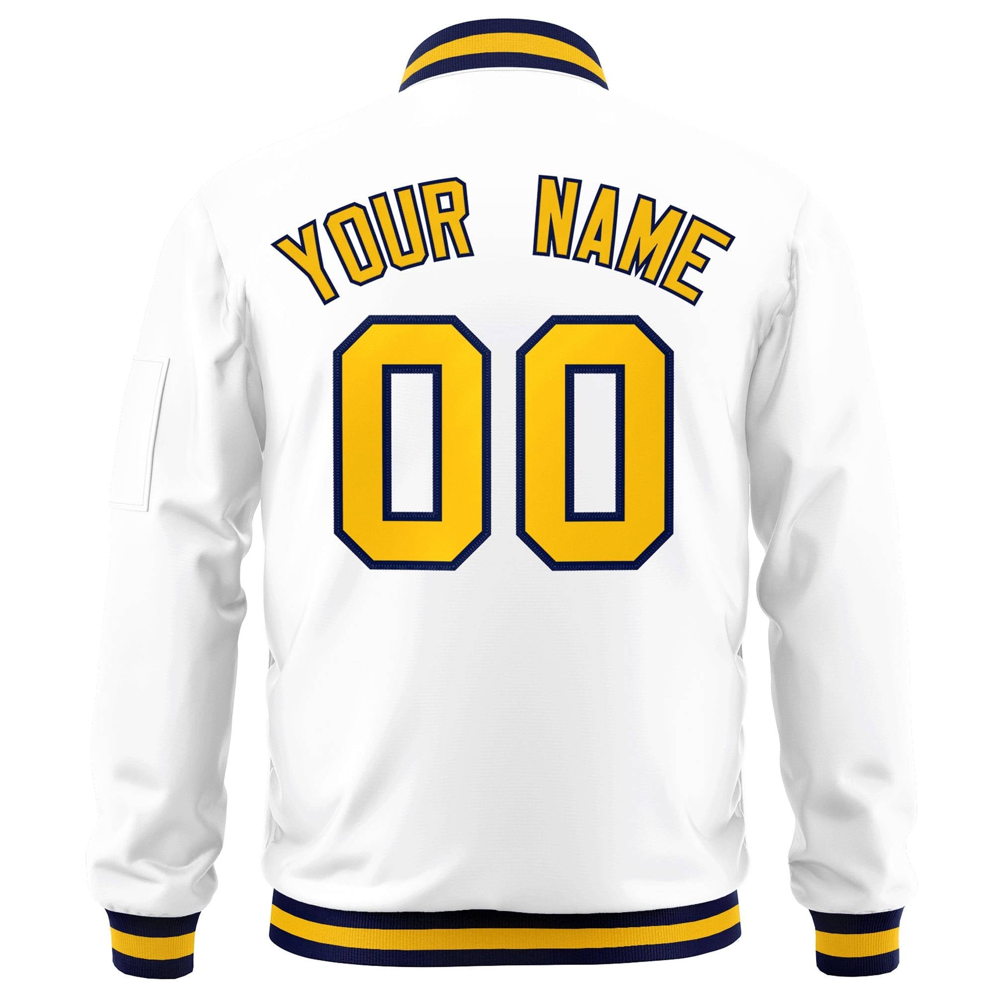 Custom White Yellow-Navy Varsity Full-Zip Letterman Bomber Jacket