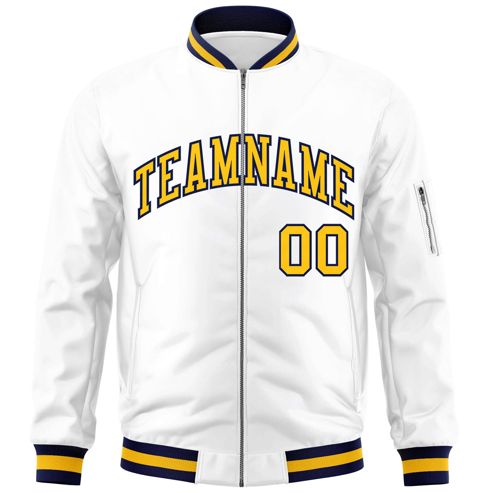 Custom White Yellow-Navy Varsity Full-Zip Letterman Bomber Jacket