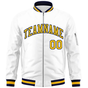 Custom White Yellow-Navy Varsity Full-Zip Letterman Bomber Jacket