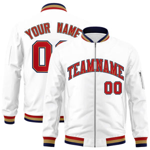 Custom White Red-Old Gold Varsity Full-Zip Letterman Bomber Jacket