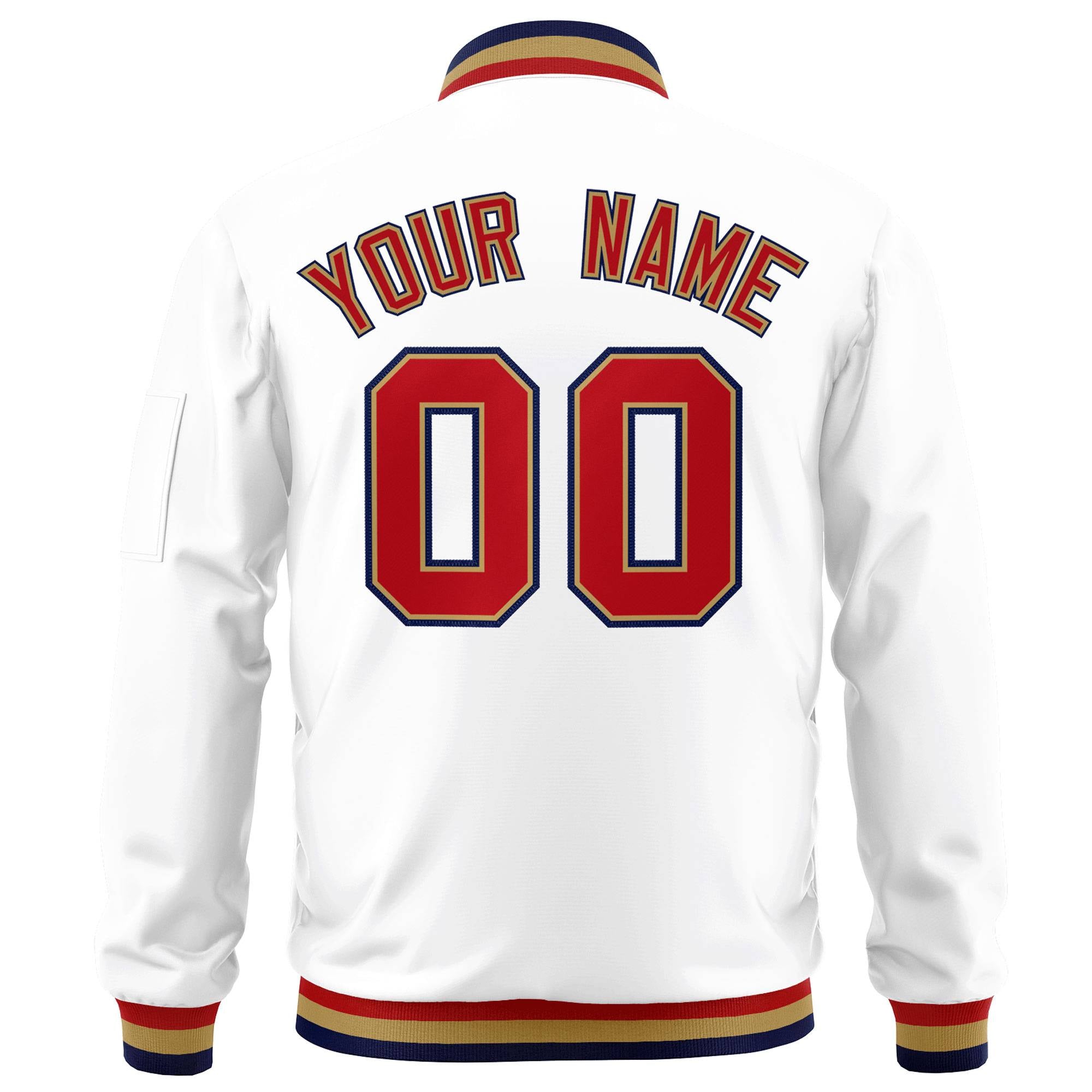 Custom White Red-Old Gold Varsity Full-Zip Letterman Bomber Jacket