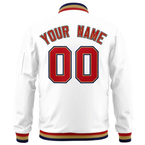 Custom White Red-Old Gold Varsity Full-Zip Letterman Bomber Jacket