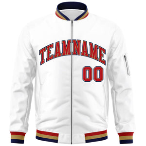 Custom White Red-Old Gold Varsity Full-Zip Letterman Bomber Jacket