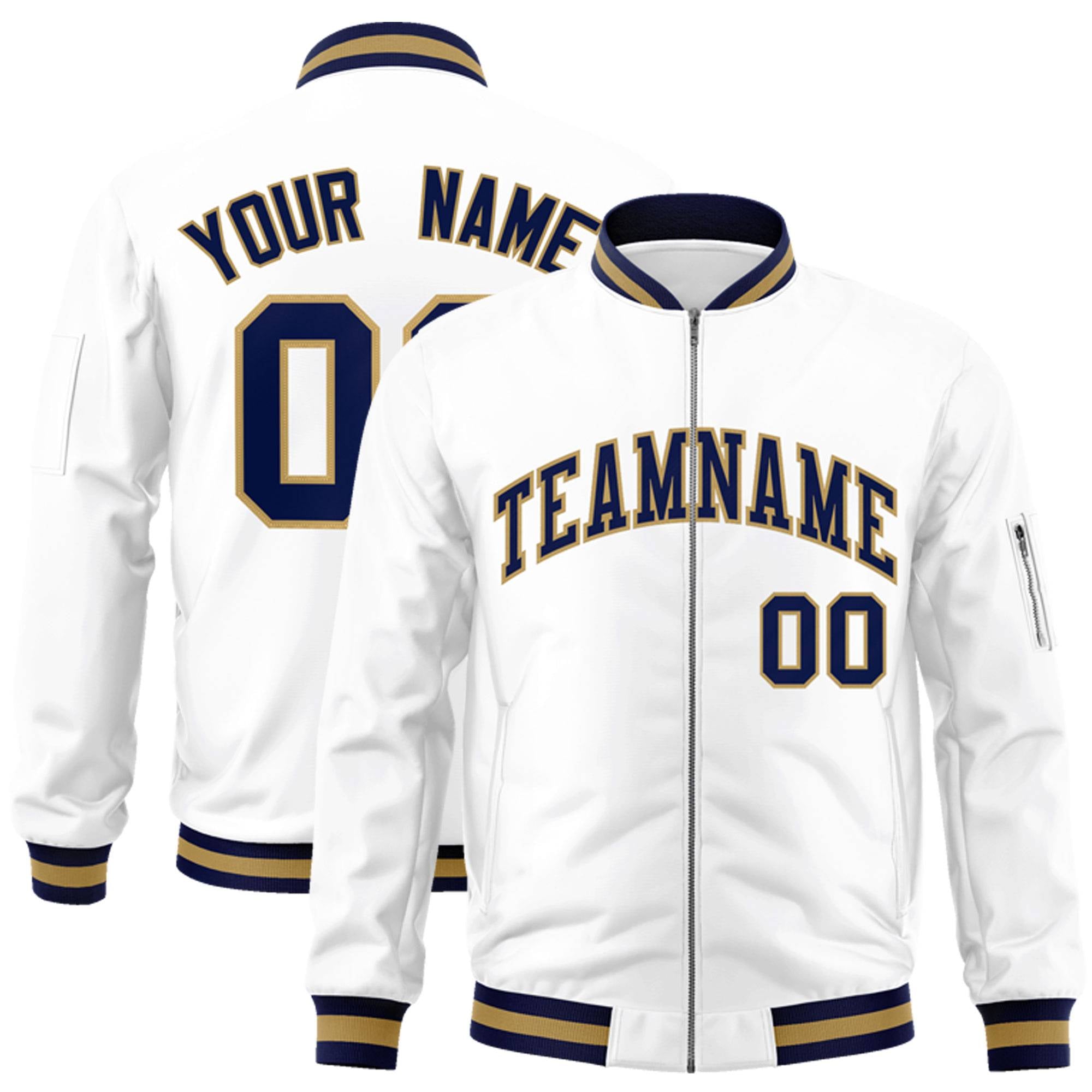 Custom White Navy-Old Gold Varsity Full-Zip Letterman Bomber Jacket