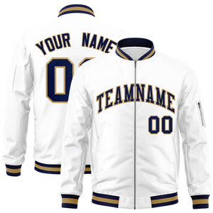 Custom White Navy-Old Gold Varsity Full-Zip Letterman Bomber Jacket