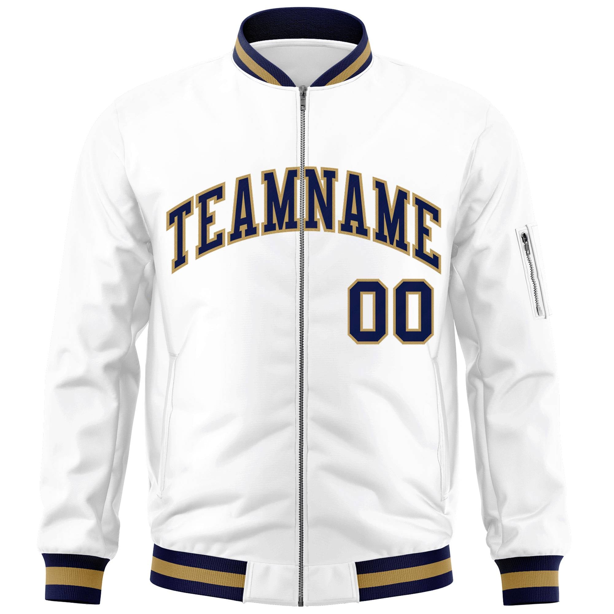 Custom White Navy-Old Gold Varsity Full-Zip Letterman Bomber Jacket