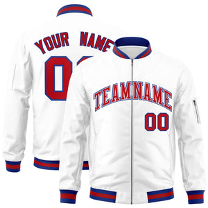 Custom White Red-Royal Varsity Full-Zip Letterman Bomber Jacket