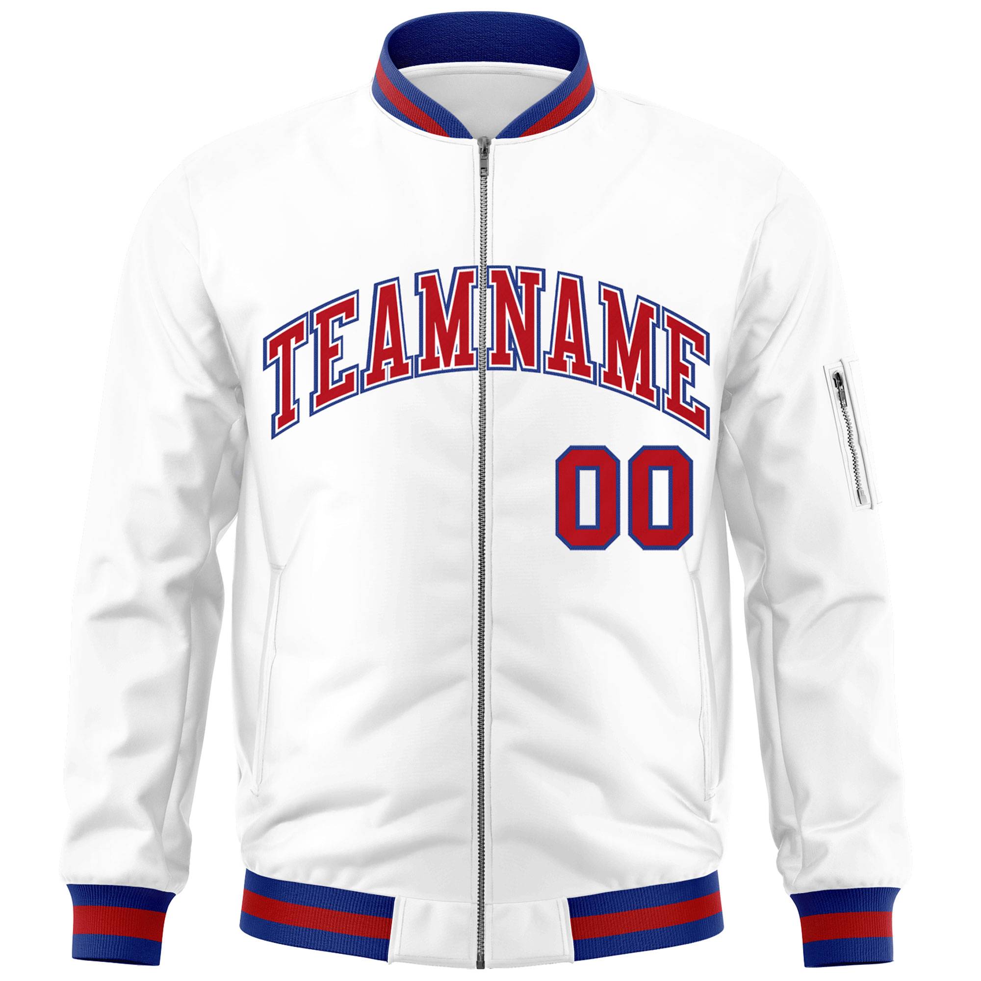 Custom White Red-Royal Varsity Full-Zip Letterman Bomber Jacket