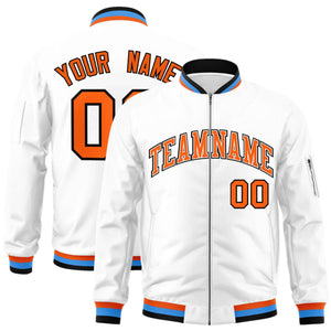 Custom White Orange-Black Varsity Full-Zip Letterman Bomber Jacket