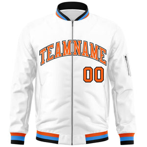 Custom White Orange-Black Varsity Full-Zip Letterman Bomber Jacket