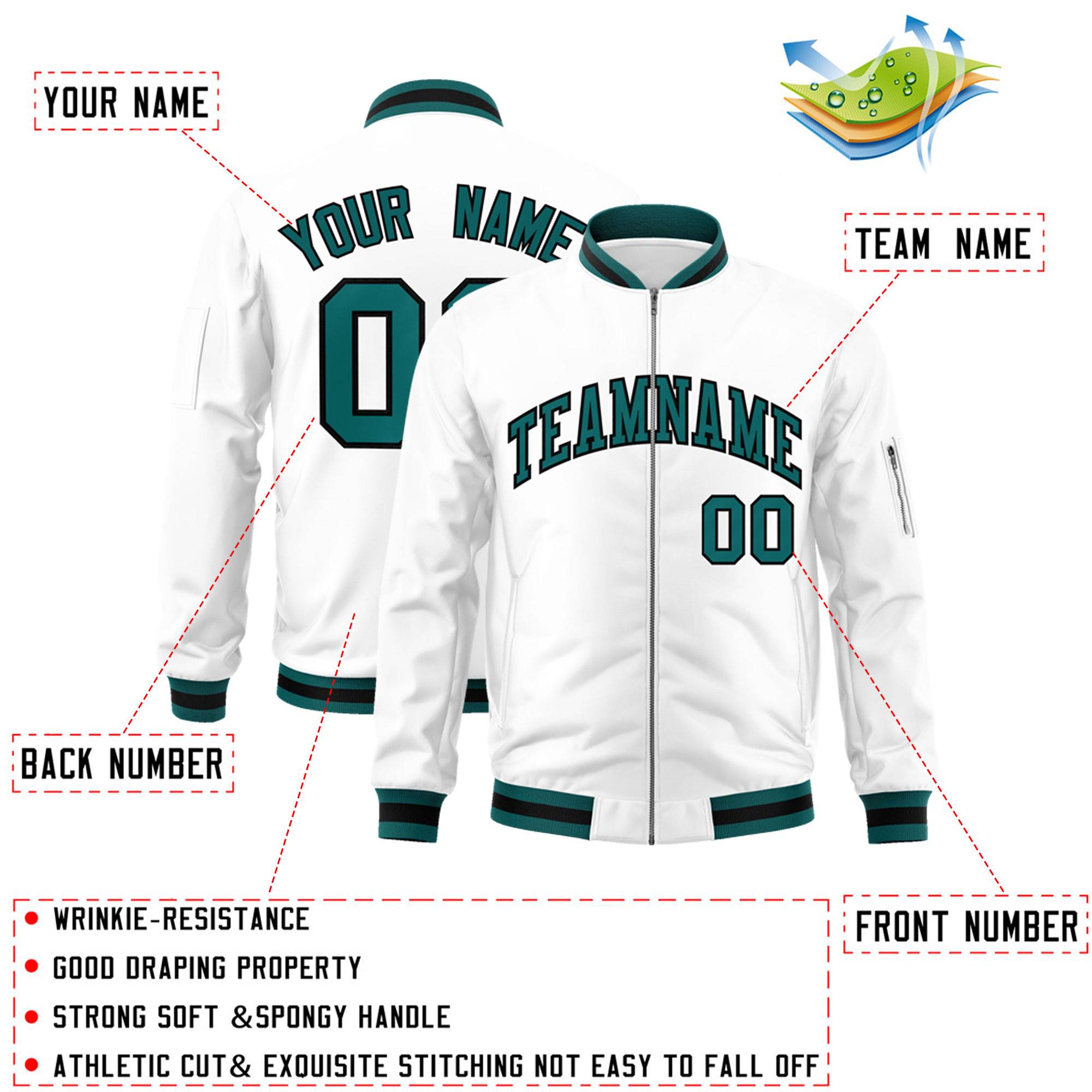 Custom White Aqua-Black Varsity Full-Zip Letterman Bomber Jacket