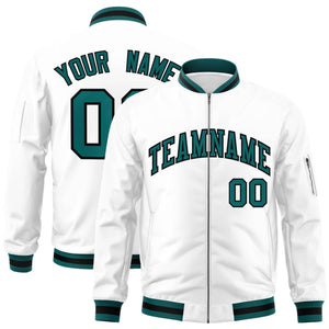 Custom White Aqua-Black Varsity Full-Zip Letterman Bomber Jacket