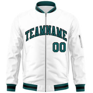 Custom White Aqua-Black Varsity Full-Zip Letterman Bomber Jacket