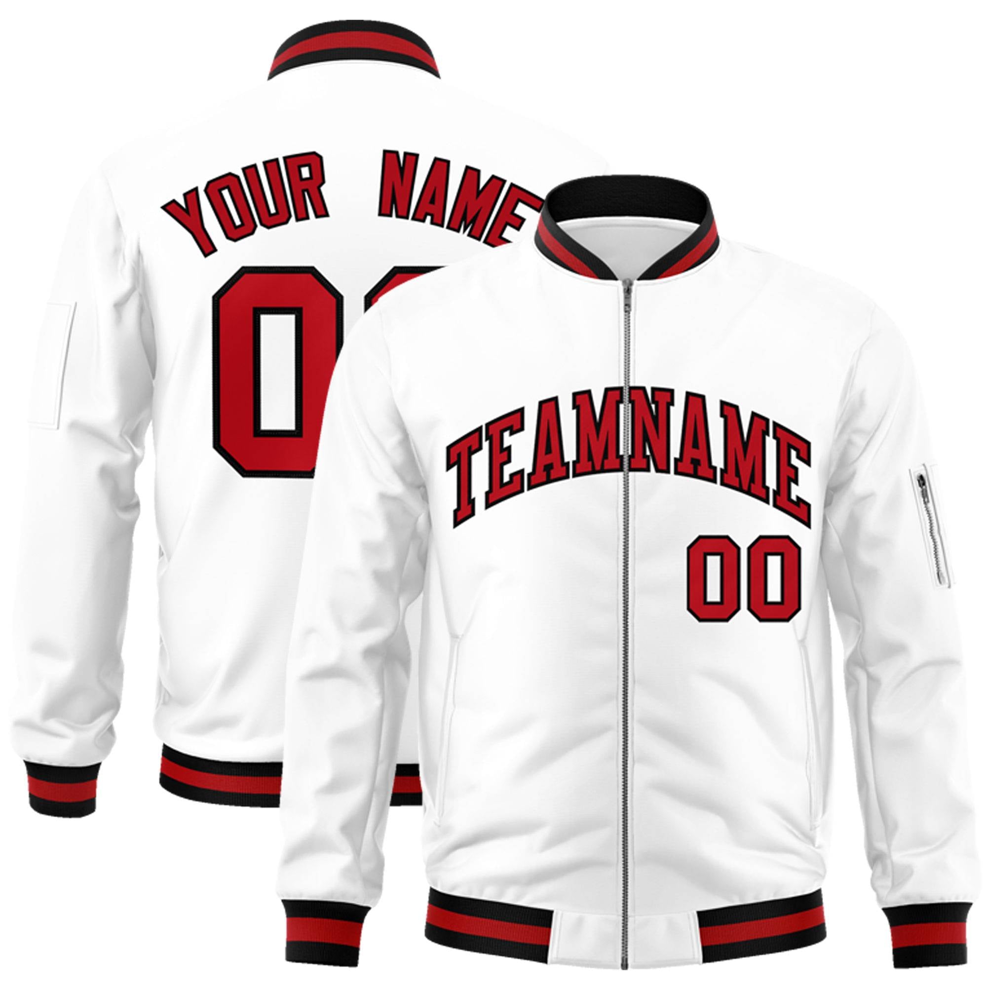 Custom White Red-Black Varsity Full-Zip Letterman Bomber Jacket