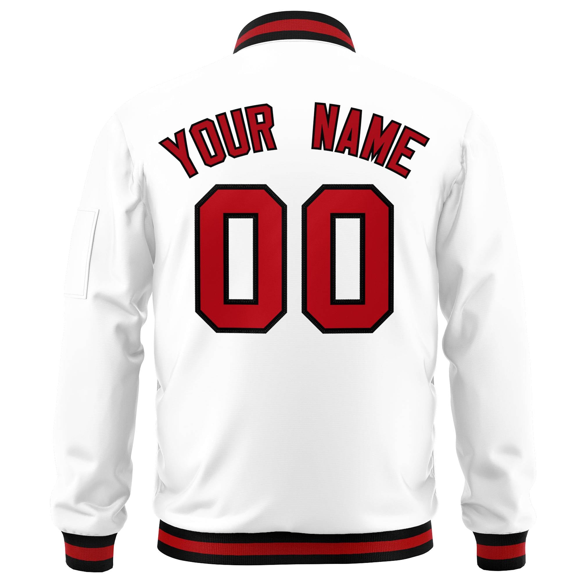 Custom White Red-Black Varsity Full-Zip Letterman Bomber Jacket